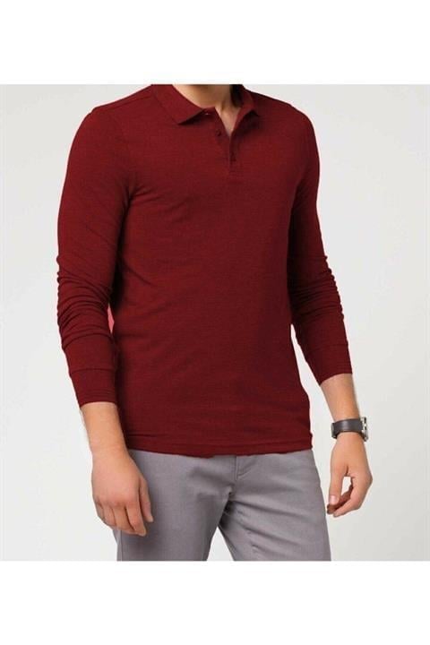 Bordo Polo Yaka Uzun Kol Çocuk Okul T-shirt