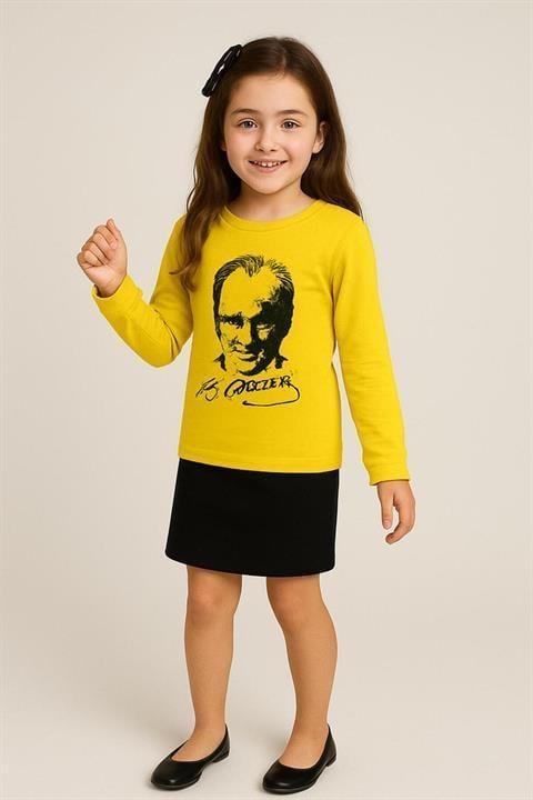 Çocuk Unisex Uzun Kol Atatürk Baskılı T-shirt&Etek 2li Kombin 29 Ekim Gösteri Kıyafeti