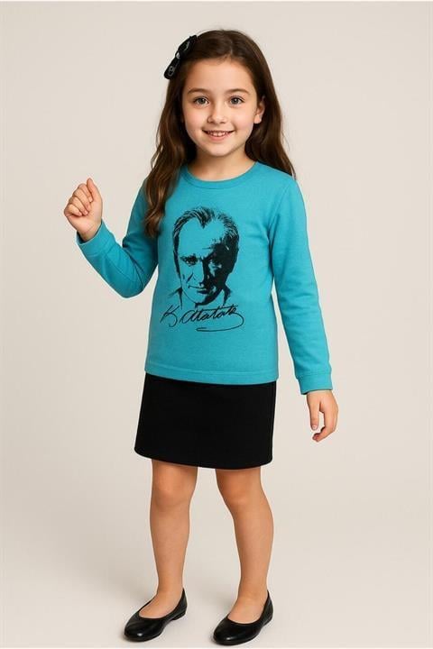 Çocuk Unisex Uzun Kol Atatürk Baskılı T-shirt&Etek 2li Kombin 29 Ekim Gösteri Kıyafeti