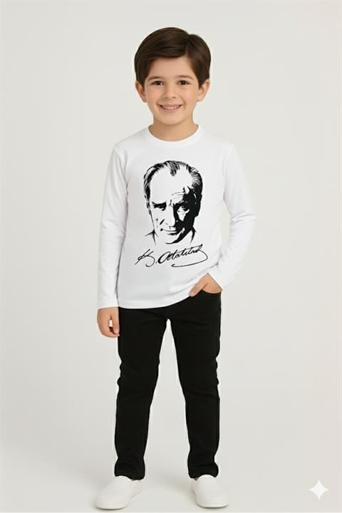 Çocuk Unisex Uzun Kol Atatürk Baskılı T-shirt (Yalnızca Tshirt) 29 Ekim Gösteri Kıyafeti