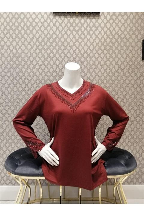 Dantel Desenli Taşlı Likralı Normal Kesim Uzun Kol Yazlık Baharlık Kadın Penye