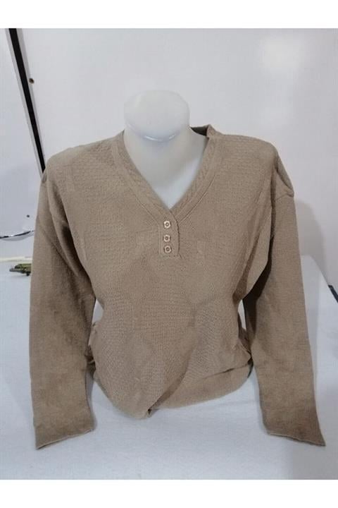 Desenli Triko Normal Kalıp Rahat Kesim Kadın Anne V Yaka Kazak