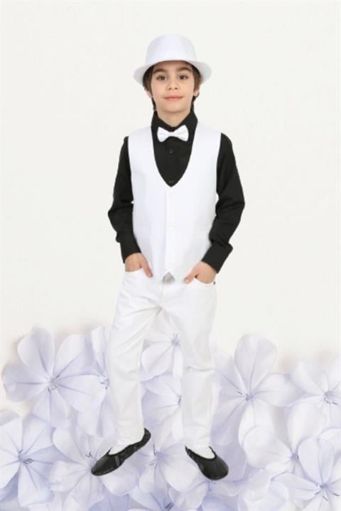 Erkek Çocuk 23 Nisan Gösteri Kıyafeti Pantolon Yelek Uzun Kol Gömlek Papyon Beyaz Takım R24