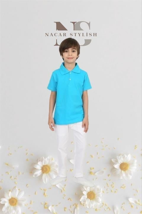 Erkek Çocuk 23 Nisan Kıyafeti Kostüm Pantolon Kısa Kol Polo Yaka Mavi Tshirt Takım 024