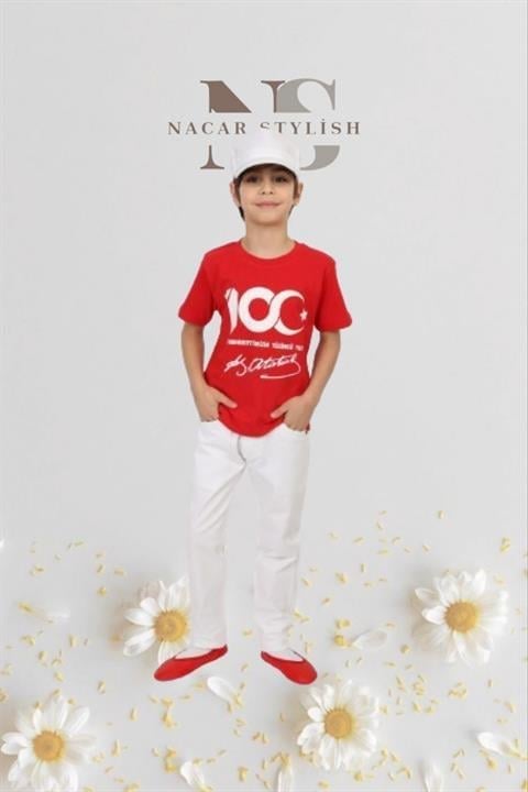Erkek Çocuk 23 Nisan Kıyafeti Kostüm Pantolon Kısa Kol 100. Yıl Tshirt Beyaz Takım 024