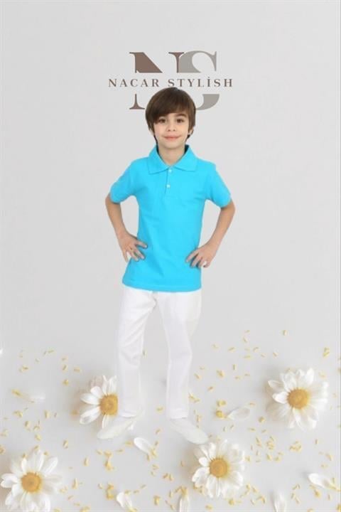 Erkek Çocuk 23 Nisan Kıyafeti Kostüm Pantolon Kısa Kol Polo Yaka Mavi Tshirt Takım 024