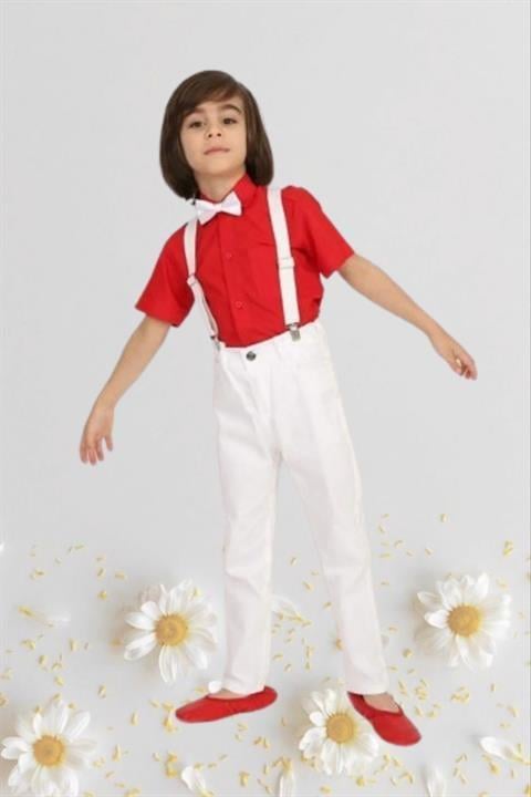 Erkek Çocuk 23 Nisan Kıyafeti Kostüm Pantolon Kısa Kol Gömlek Papyon Kırmızı Takım