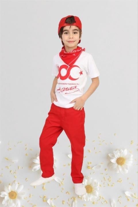 Erkek Çocuk 23 Nisan Kıyafeti Kostüm Pantolon Kısa Kol 100. Yıl Tshirt Beyaz Takım 024