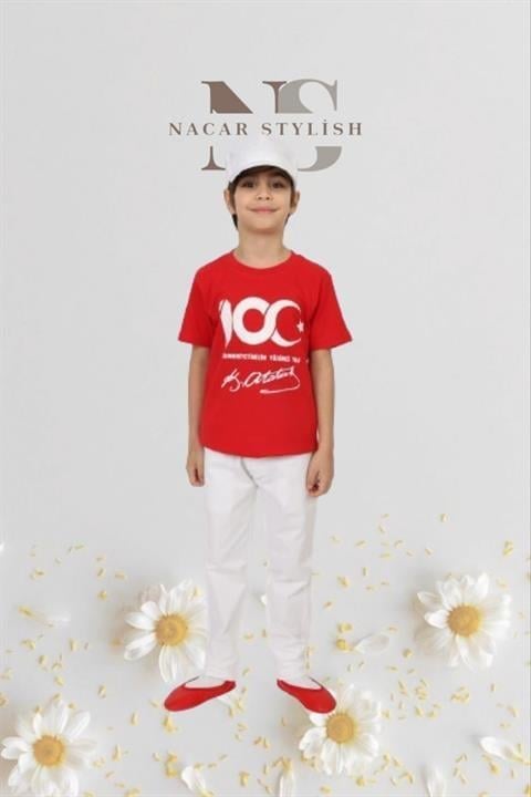 Erkek Çocuk 23 Nisan Kıyafeti Kostüm Pantolon Kısa Kol 100. Yıl Tshirt Beyaz Takım 024