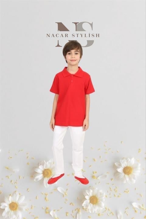 Erkek Çocuk 23 Nisan Kıyafeti Kostüm Pantolon Kısa Kol Polo Yaka Kırmızı Tshirt Takım 024