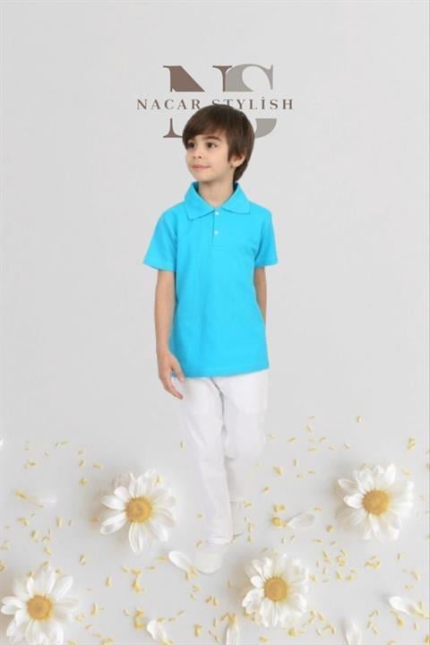 Erkek Çocuk 23 Nisan Kıyafeti Kostüm Pantolon Kısa Kol Polo Yaka Mavi Tshirt Takım 024