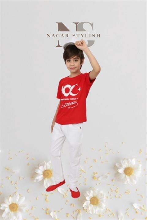 Erkek Çocuk 23 Nisan Kıyafeti Kostüm Pantolon Kısa Kol 100. Yıl Tshirt Beyaz Takım 024