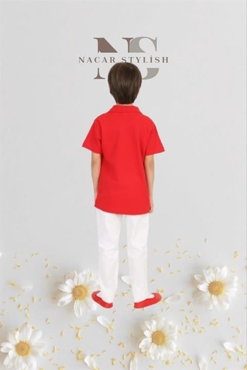 Erkek Çocuk 23 Nisan Kıyafeti Kostüm Pantolon Kısa Kol Polo Yaka Kırmızı Tshirt Takım 024