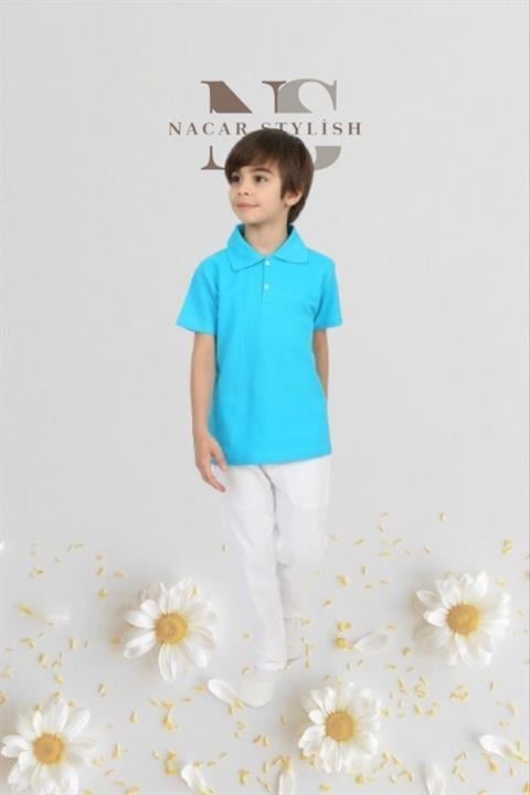 Erkek Çocuk 23 Nisan Kıyafeti Kostüm Pantolon Kısa Kol Polo Yaka Mavi Tshirt Takım 024