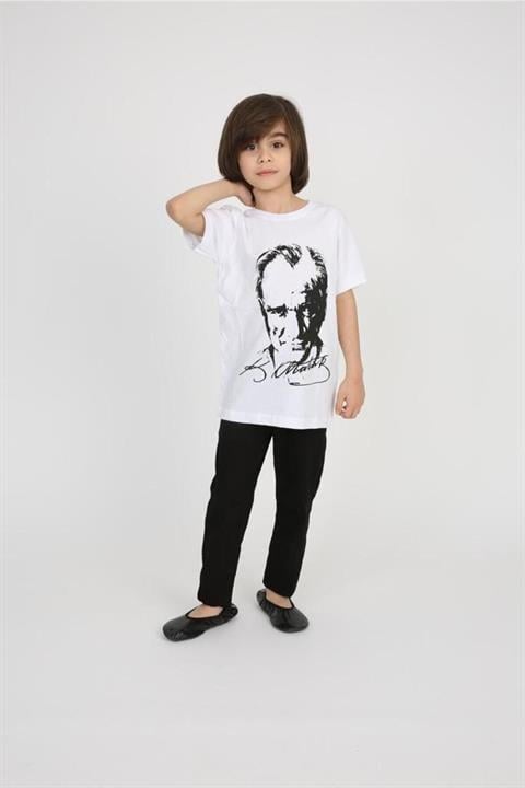 Erkek Çocuk Beyaza Siyah Atatürk T-shirt Keten Pantolon 29 Ekim 23 Nisan Gösteri Pantolonu