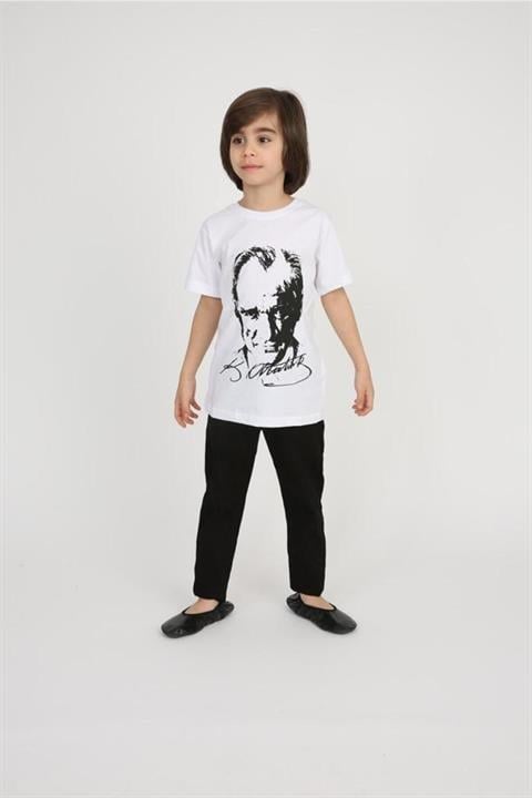 Erkek Çocuk Beyaza Siyah Atatürk T-shirt Keten Pantolon 29 Ekim 23 Nisan Gösteri Pantolonu