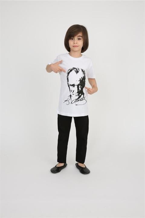 Erkek Çocuk Beyaza Siyah Atatürk T-shirt Keten Pantolon 29 Ekim 23 Nisan Gösteri Pantolonu