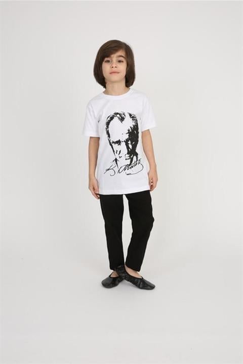 Erkek Çocuk Beyaza Siyah Atatürk T-shirt Keten Pantolon 29 Ekim 23 Nisan Gösteri Pantolonu