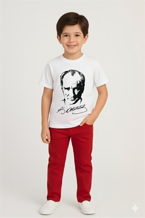 Erkek Çocuk Kısa Kol Atatürk Baskılı Tshirt&Pantolon 2li Takım 29 Ekim Gösteri Kıyafeti