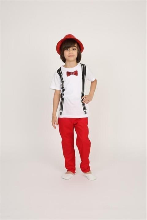 Erkek Çocuk Papyon Askılı Baskılı T-shirt Pantolon Gösteri Kıyafeti