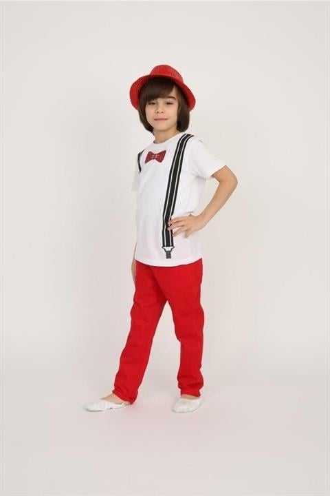 Erkek Çocuk Papyon Askılı Baskılı T-shirt Pantolon Gösteri Kıyafeti