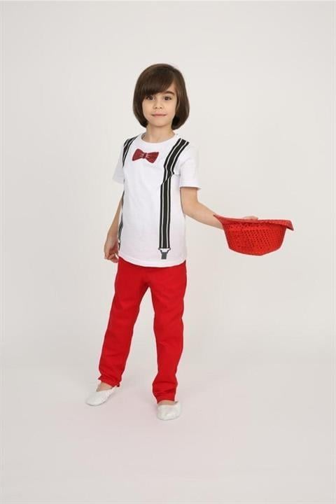 Erkek Çocuk Papyon Askılı Baskılı T-shirt Pantolon Gösteri Kıyafeti