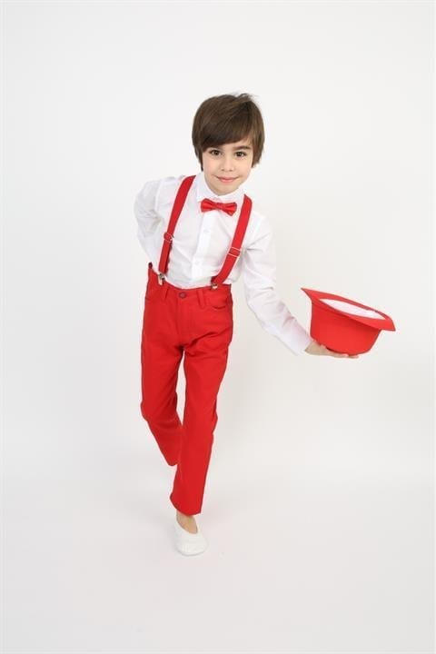 Erkek Çocuk Takım Askı Papyon Gömlek Pantalon Kırmızı