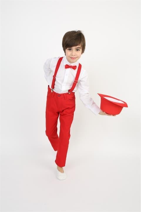 Erkek Çocuk Takım Askı Papyon Gömlek Pantalon Kırmızı