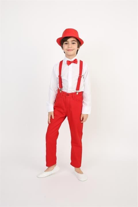 Erkek Çocuk Takım Askı Papyon Gömlek Pantalon Kırmızı