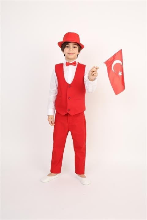 Erkek Çocuk Takım Şapka Yelek Gömlek Pantalon Papyon Kırmızı Kostüm Gösteri Kıyafeti