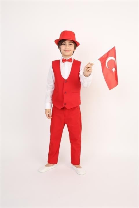 Erkek Çocuk Takım Şapka Yelek Gömlek Pantalon Papyon Kırmızı Kostüm Gösteri Kıyafeti