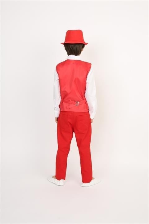 Erkek Çocuk Takım Şapka Yelek Gömlek Pantalon Papyon Kırmızı Kostüm Gösteri Kıyafeti
