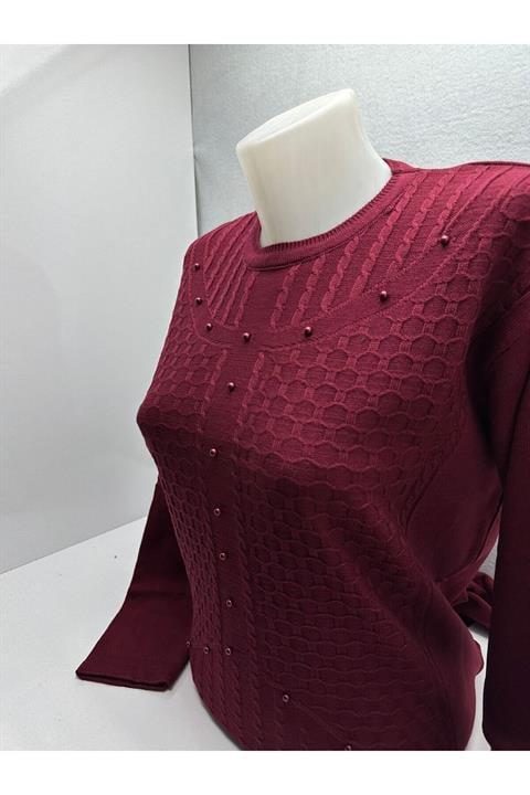 KABARTMA DESENLİ TAŞ DETAYLI NORMAL KALIP TRİKO KIŞLIK KADIN  KAZAK