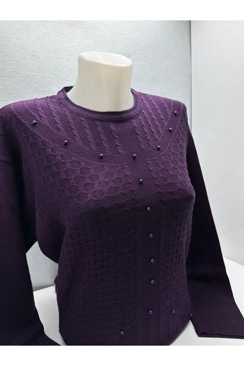 KABARTMA DESENLİ TAŞ DETAYLI NORMAL KALIP TRİKO KIŞLIK KADIN  KAZAK