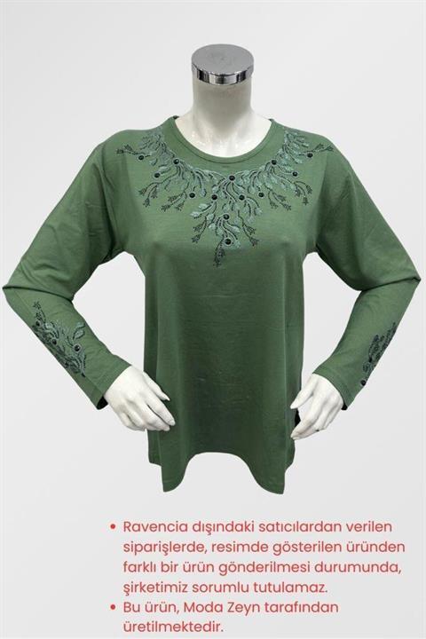 Kadın 1. Sınıf Viskon Kumaş Yaprak Desenli Büyük Taşlı Işlemeli Anne Penye Bluz