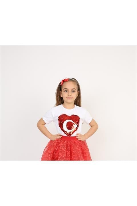 Kırmızı Kalpli Ayyıldızlı Kız Çocuk T-shirt 23 Nisan 29 Ekim 10 Kasım 19 Mayıs Gösteri Kıyafetleri