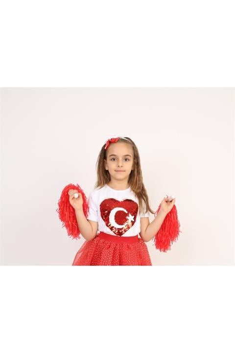 Kırmızı Kalpli Ayyıldızlı Kız Çocuk T-shirt 23 Nisan 29 Ekim 10 Kasım 19 Mayıs Gösteri Kıyafetleri