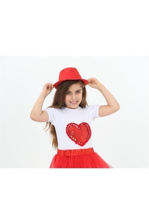 Kırmızı Pullu Kalpli Kız Çocuk T-shirt 23 Nisan 29 Ekim 10 Kasım 19 Mayıs Gösteri Kıyafetleri