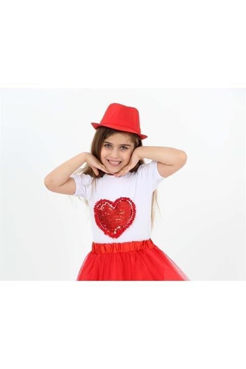Kırmızı Pullu Kalpli Kız Çocuk T-shirt 23 Nisan 29 Ekim 10 Kasım 19 Mayıs Gösteri Kıyafetleri