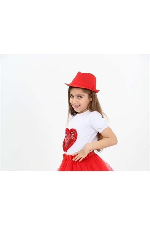 Kırmızı Pullu Kalpli Kız Çocuk T-shirt 23 Nisan 29 Ekim 10 Kasım 19 Mayıs Gösteri Kıyafetleri