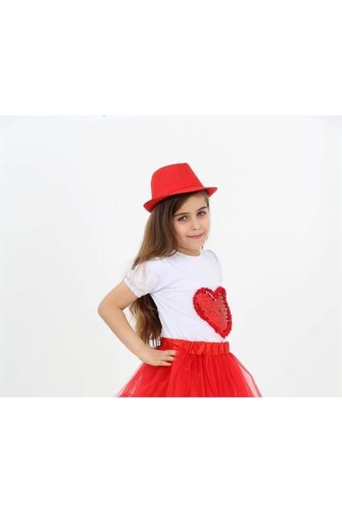 Kırmızı Pullu Kalpli Kız Çocuk T-shirt 23 Nisan 29 Ekim 10 Kasım 19 Mayıs Gösteri Kıyafetleri