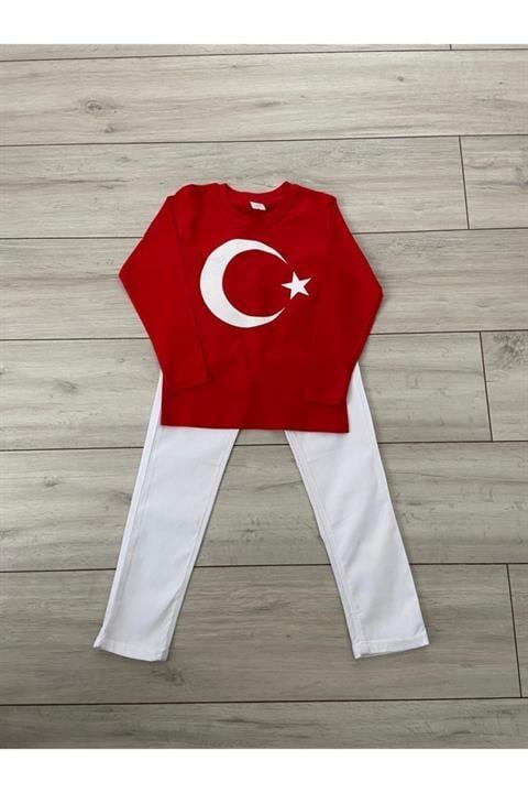 Kırmızı Türk Bayrağı Uzun Kol Tişört Beyaz Pantolon Alt Üst Takım