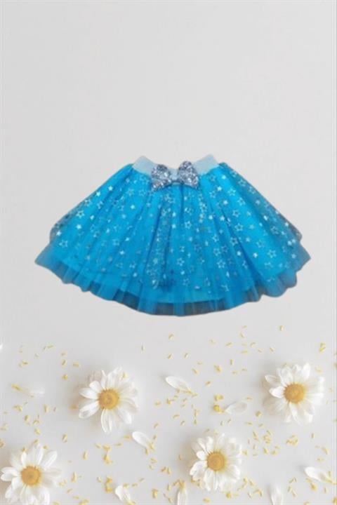 Kız Çocuk 23 Nisan 19 Mayıs Fiyonklu Yıldızlı Kısa Tütü Tüllü Gösteri Bebe Mavi Etek 024