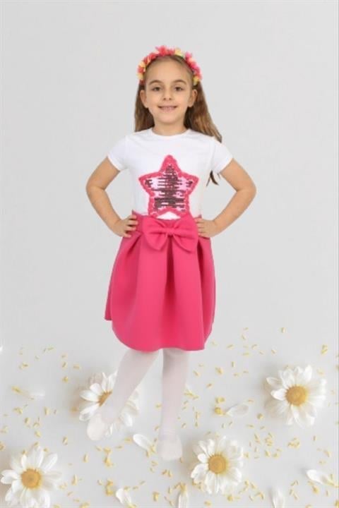 Kız Çocuk 23 Nisan Gösteri Kıyafeti Kurdaleli Etek Kısa Kol Desenli Tshirt Pembe Takım 024