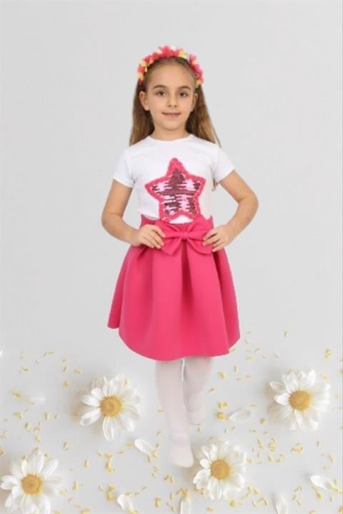 Kız Çocuk 23 Nisan Gösteri Kıyafeti Kurdaleli Etek Kısa Kol Desenli Tshirt Pembe Takım 024