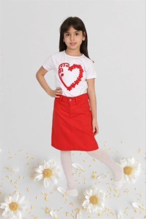 Kız Çocuk 23 Nisan Kıyafeti Kostüm Etek Kısa Kol Desenli Tshirt Beyaz Takım 024