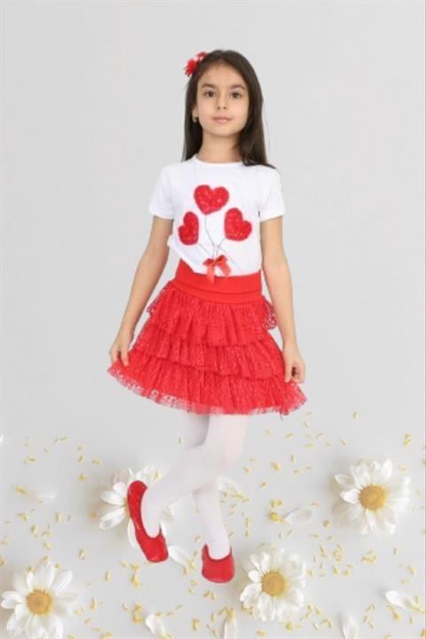 Kız Çocuk 23 Nisan Kıyafeti Kostüm Etek Kısa Kol Desenli Tshirt Beyaz Takım 024