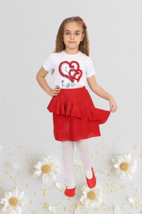 Kız Çocuk 23 Nisan Kıyafeti Kostüm Etek Kısa Kol Desenli Tshirt Beyaz Takım 024