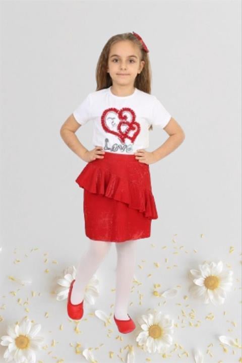 Kız Çocuk 23 Nisan Kıyafeti Kostüm Etek Kısa Kol Desenli Tshirt Beyaz Takım 024