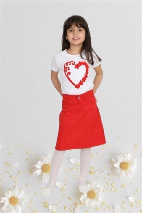 Kız Çocuk 23 Nisan Kıyafeti Kostüm Etek Kısa Kol Desenli Tshirt Beyaz Takım 024